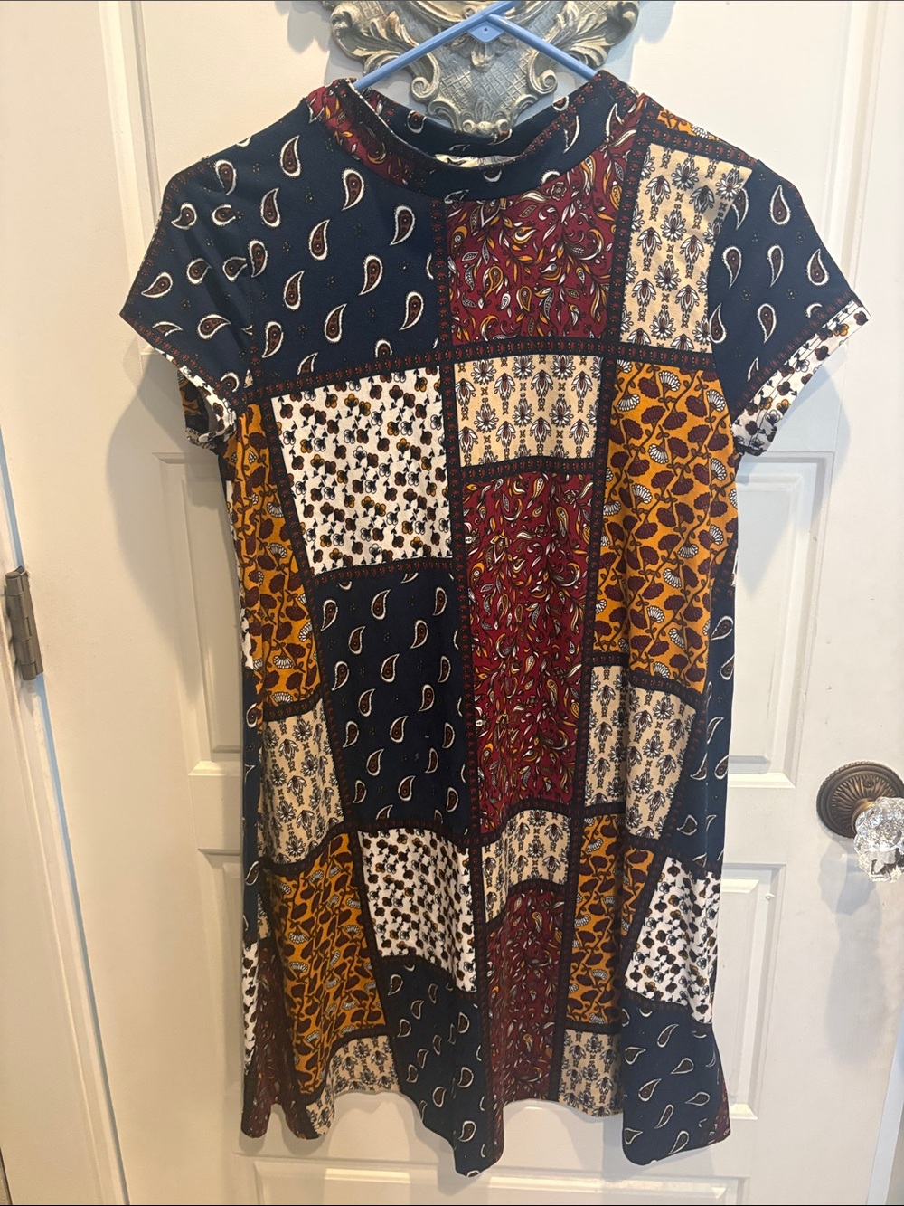 Pink Rose Patchwork Midi Dress in Navy, Mustard & Burgundy